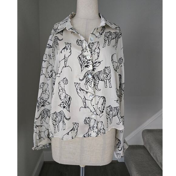 Cynthia Rowley 100% Silk Big Cats Buttoned Long Sleeve Shirt Size L - Picture 1 of 5